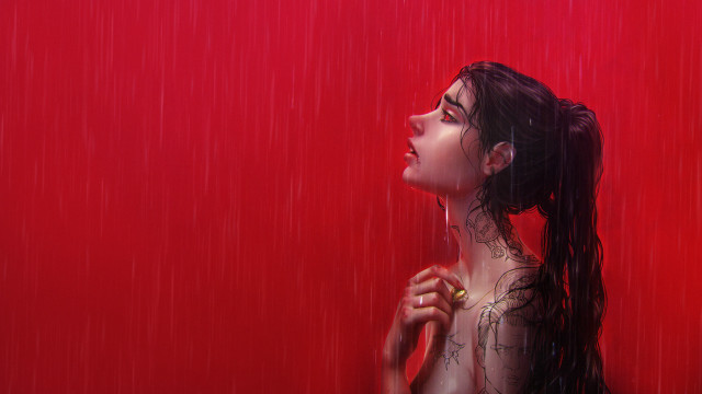 Woman umbrella rain red background free wallpaper for desktop - medium preview image