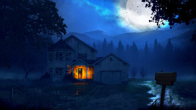 Creepy house full moon glowing free wallpaper for desktop - medium preview image