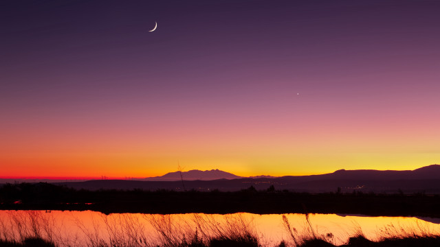 Sunset moon distant mountains lake free wallpaper for desktop - medium preview image