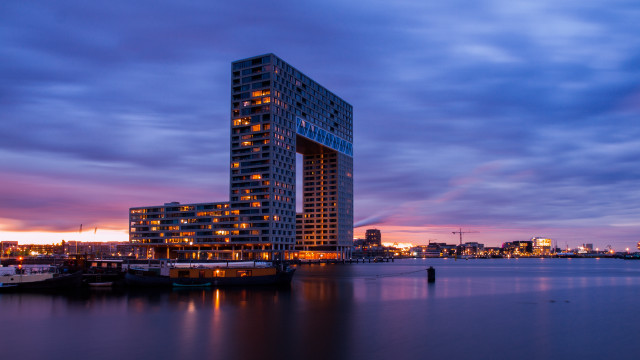 Tall building water night city free wallpaper for desktop - medium preview image