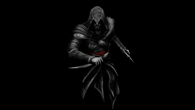 Hooded man knife red stripe free wallpaper for desktop - medium preview image