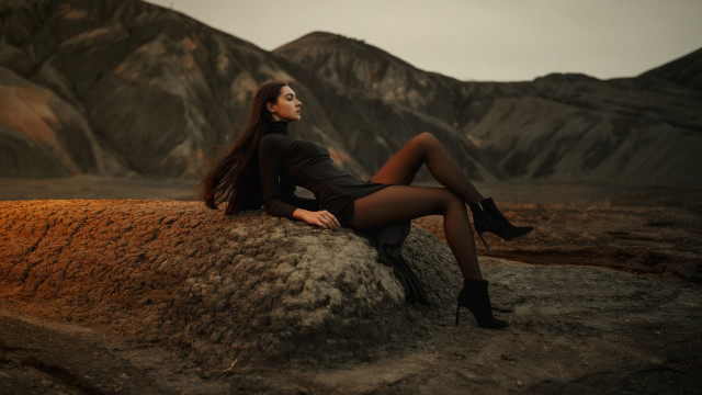 Woman black dress rock mountains free wallpaper for desktop - medium preview image