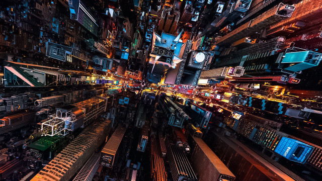 Train station night cyberpunk cityscape free wallpaper for desktop - medium preview image