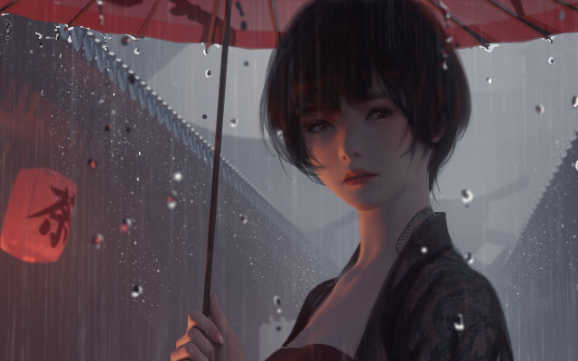 Woman umbrella rain red lantern free wallpaper for desktop - medium preview image