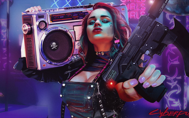 Retro futuristic cyberpunk girl with free wallpaper for desktop - medium preview image