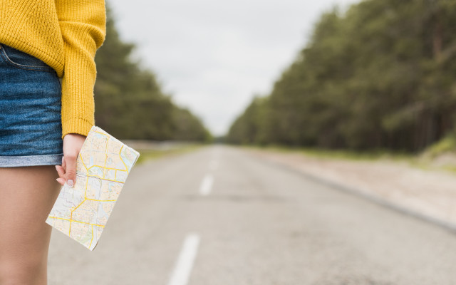 Woman road map yellow sweater free wallpaper for desktop - medium preview image
