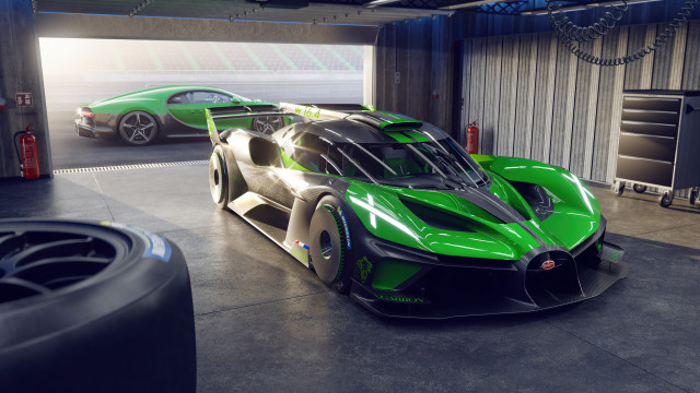 Green sports car garage futurism free wallpaper for desktop - medium preview image