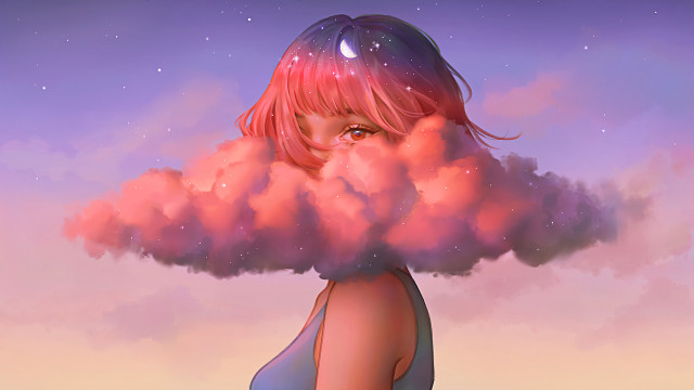 Pink haired girl clouds pink free wallpaper for desktop - medium preview image