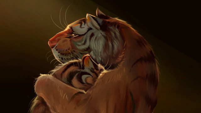 Tiger cub hugging mother night free wallpaper for desktop - medium preview image