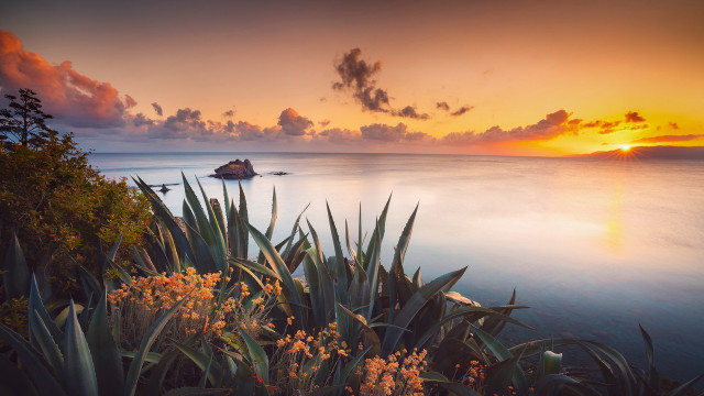 Sunset water island clouds autumn free wallpaper for desktop - medium preview image