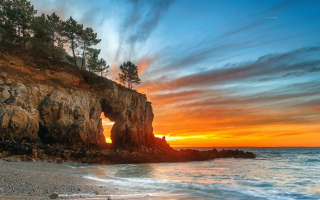 Rocky cliff tree sunset ocean free wallpaper for desktop - medium preview image