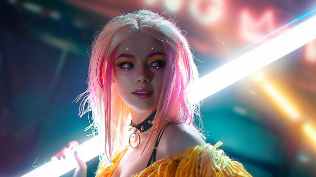 Pink hair yellow dress sword free wallpaper for desktop - medium preview image