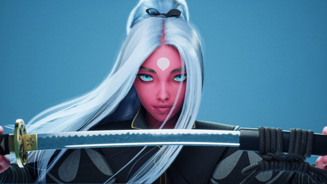 White haired woman sword blue #2 free wallpaper for desktop - medium preview image