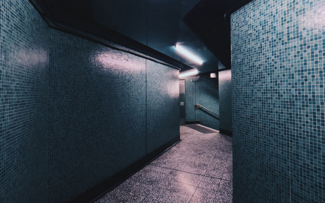 Long hallway tiles metal rail free wallpaper for desktop - medium preview image