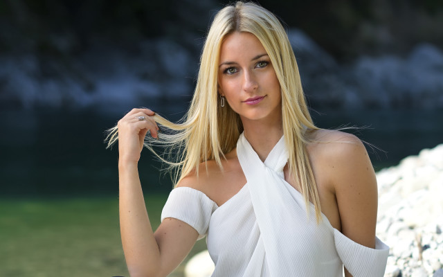 Blonde woman white dress portrait #2 free wallpaper for desktop - medium preview image