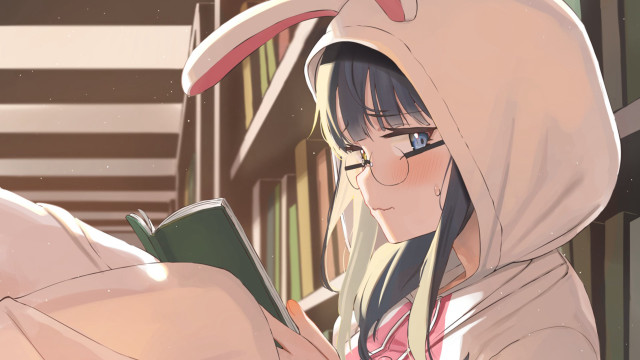 Library manga woman hoodie reading free wallpaper for desktop - medium preview image