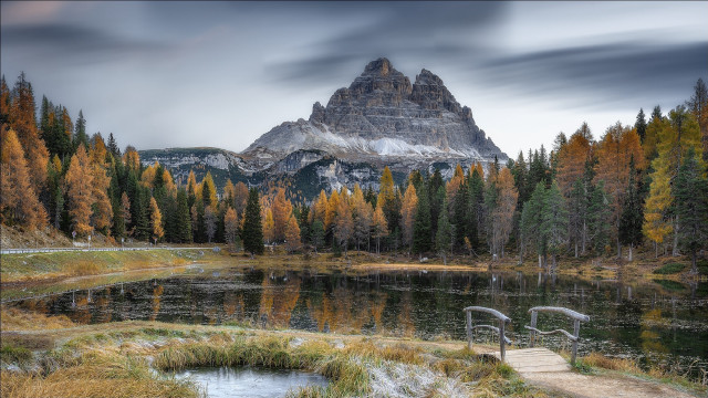 Mountain lake bench trees cloudy free wallpaper for desktop - medium preview image