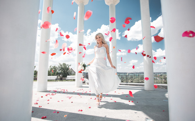 Woman white dress red petals free wallpaper for desktop - medium preview image