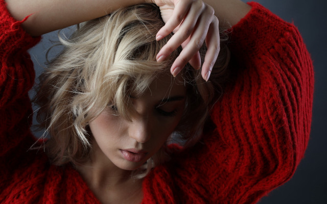 Blonde woman red sweater hands free wallpaper for desktop - medium preview image