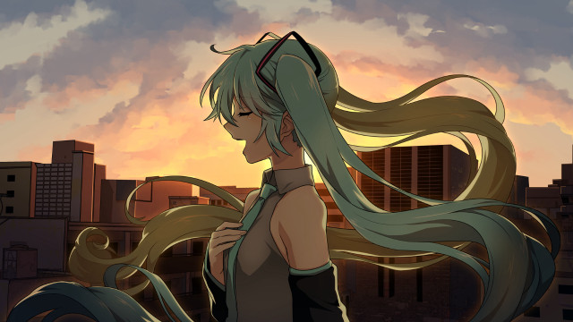 Woman city sunset aqua hair free wallpaper for desktop - medium preview image