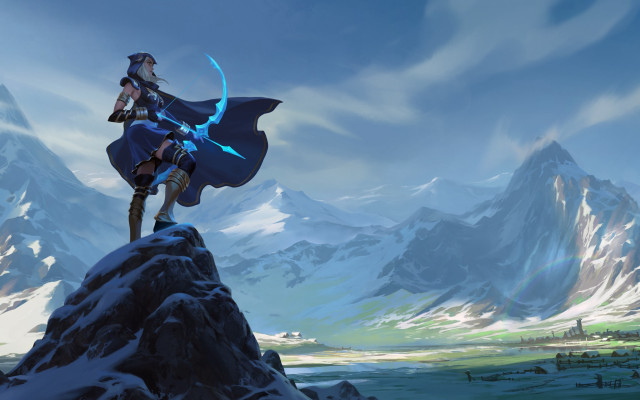 Woman blue dress mountain sword free wallpaper for desktop - medium preview image