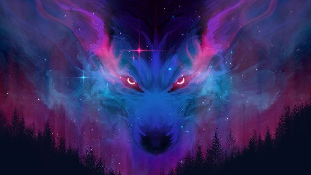 Glowing blue wolf starry night #3 free wallpaper for desktop - medium preview image