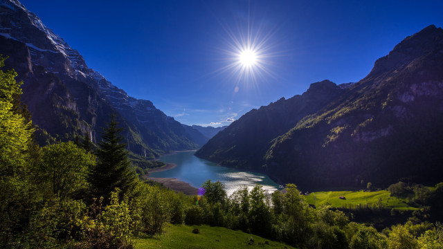 Mountain lake forest sunlight landscape free wallpaper for desktop - medium preview image