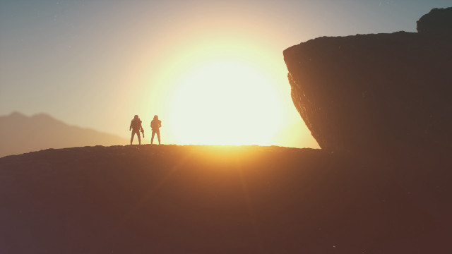 Cliff sunset silhouette retrofuturism beach free wallpaper for desktop - medium preview image