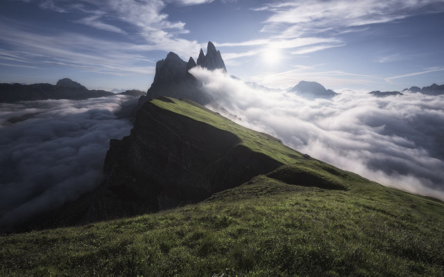 Mountain grassyfield sun clouds ocean free wallpaper for desktop - medium preview image