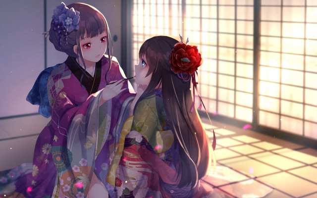 Two women kimono flower architecture free wallpaper for desktop - medium preview image