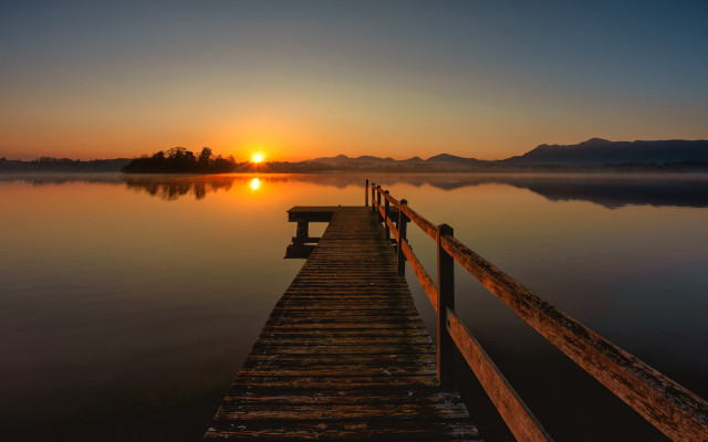 Dusk lake dock bench mountains free wallpaper for desktop - medium preview image