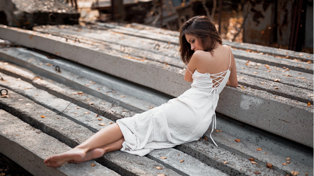 Woman white dress sitting bench free wallpaper for desktop - medium preview image