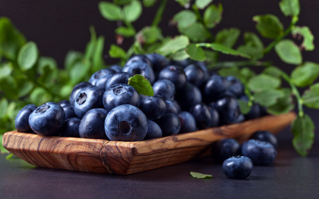 Wooden bowl blueberries green leaves #2 free wallpaper for desktop - medium preview image