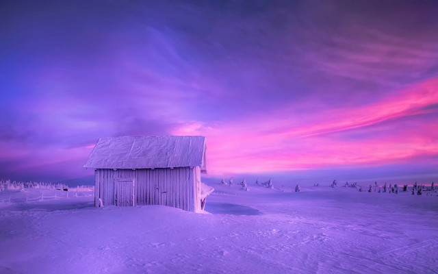 Small cabin snowy field purple free wallpaper for desktop - medium preview image