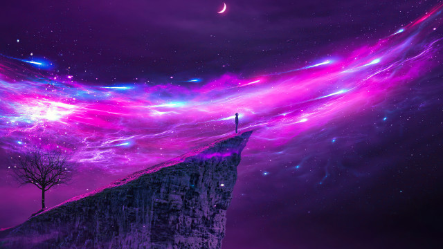 Cliff tree purple sky stars free wallpaper for desktop - medium preview image