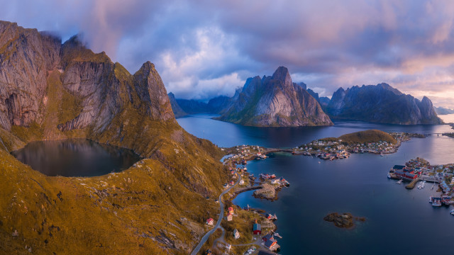 Mountain village lake mountains clouds free wallpaper for desktop - medium preview image