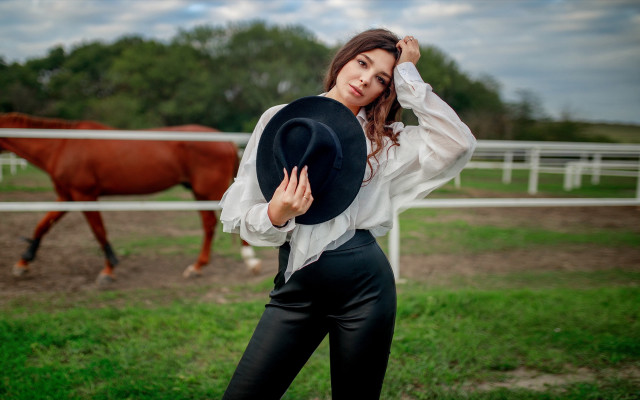 Woman horse field white shirt free wallpaper for desktop - medium preview image