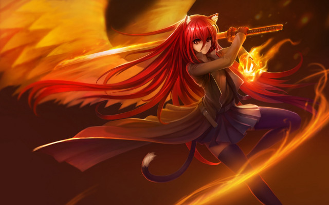 Girl flame sword anime wings free wallpaper for desktop - medium preview image