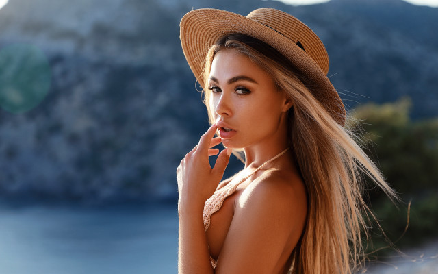 Woman hat lake mountains fashion free wallpaper for desktop - medium preview image