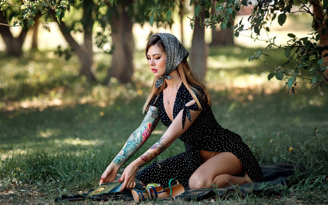 Woman tattoo blanket grass knife free wallpaper for desktop - medium preview image