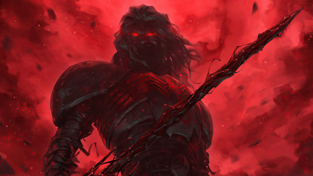 Demonic man sword red background free wallpaper for desktop - medium preview image