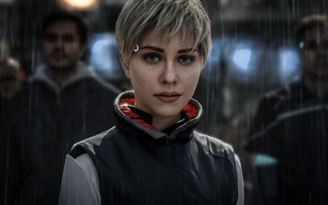 Woman blonde shorthair rainy portrait free wallpaper for desktop - medium preview image