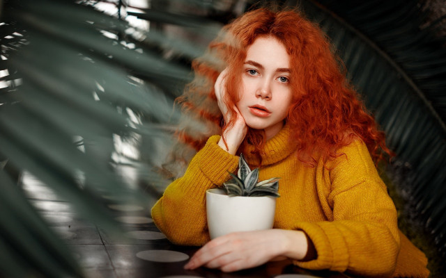Red haired woman plant portrait free wallpaper for desktop - medium preview image