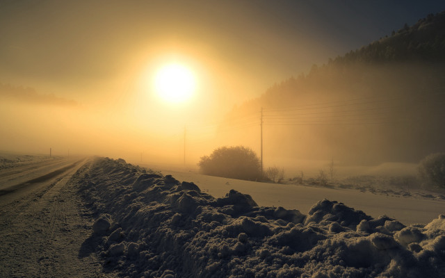 Snowy road foggy sunrise mountains free wallpaper for desktop - medium preview image