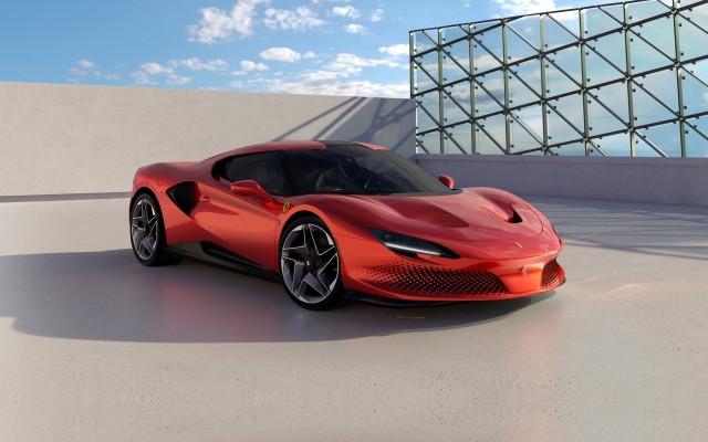 Red sports car building sky free wallpaper for desktop - medium preview image