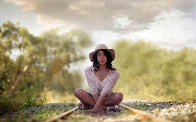 Woman hat train track woods free wallpaper for desktop - medium preview image