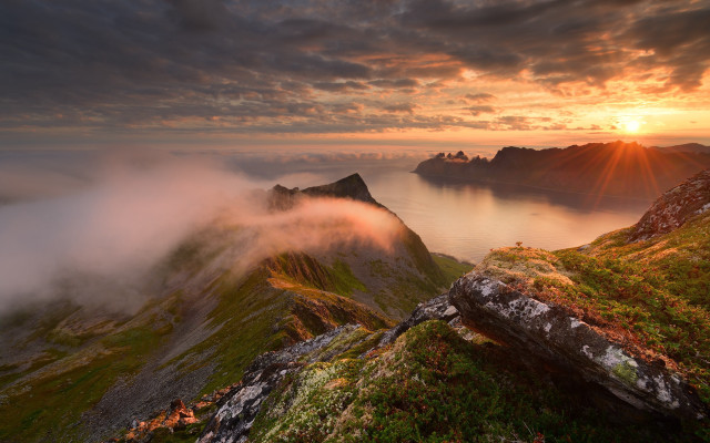 Mountain foggy sky lake cityscape free wallpaper for desktop - medium preview image