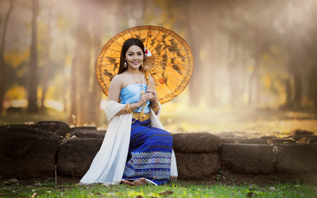 Woman blue white dress umbrella free wallpaper for desktop - medium preview image