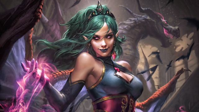 Green hair crown sword dragon free wallpaper for desktop - medium preview image