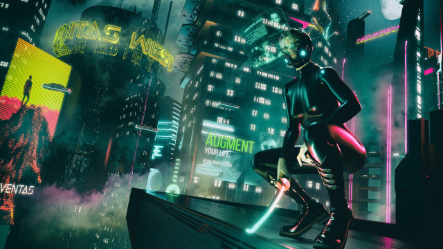 Futuristic city neon cyberpunk heroine free wallpaper for desktop - medium preview image